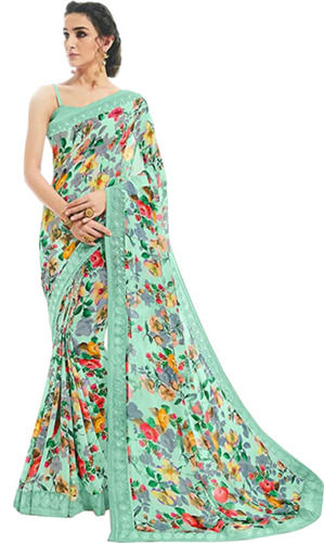 Sea Green Casual Wear Unfadable Printed Georgette Saree With Blouse Piece