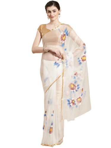 White Floral Printed Hypoallergenic Casual Wear Organza Saree With Blouse