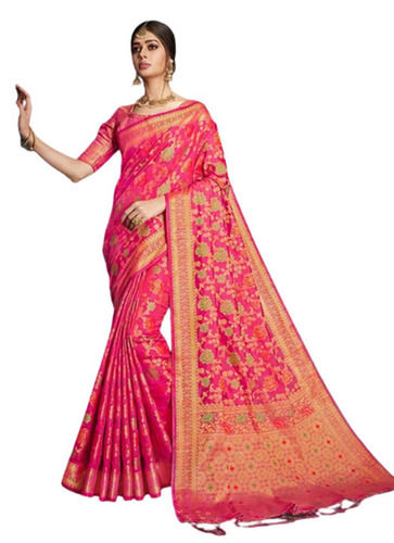 Pink And Golden Zari Work Skin Friendly Cotton Silk Banarasi Sarees With Blouse Piece