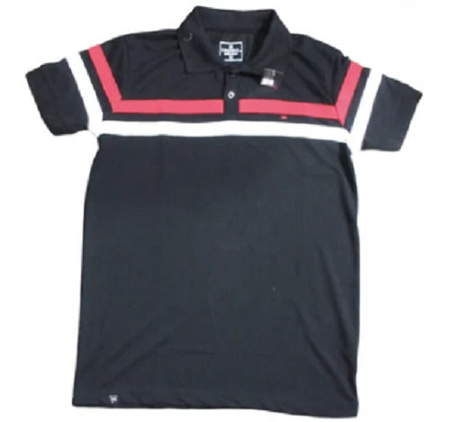 Black Casual Wear Short Sleeve Polo Collar Neck Striped Cotton T-Shirt For Boys