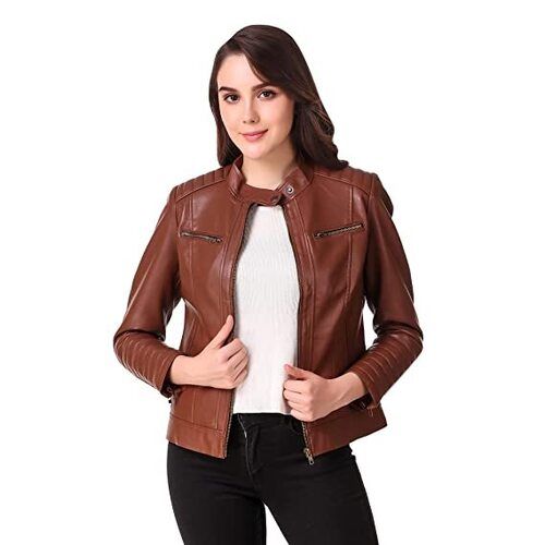 Women Full Sleeves Brown Leather Jacket For Casual Wear