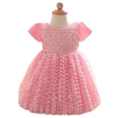 Girls Modern Design Light Pink Short Sleeves Round Neck Frock Age Group: 8 Month