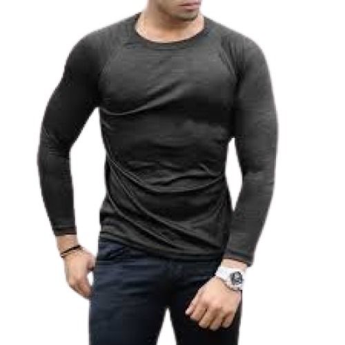 Mens Plain Dark Grey Round Neck Long Sleeve Cotton T Shirt