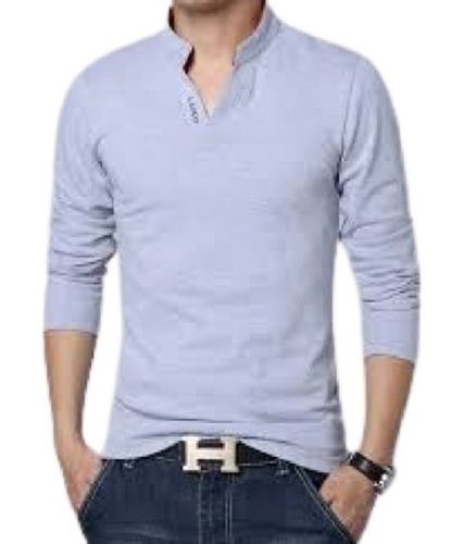 Light Blue Mens Plain Full Sleeves And Collar Neck Cotton T Shirts