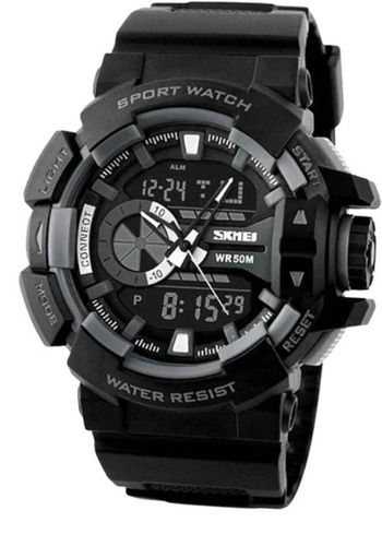 Black Water Resistant Plastic Body Rubber Band Sport Wrist Watch 