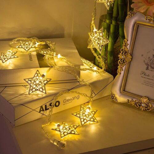 X4Cart 14 LED Small Star Shape Golden Metal String Light Plug-in Mode with Rice Metal Fairy Lights for Home Decoration, Outdoor, Indoor, Festival (14 Led, Warm White, 4 Meter, Small Star)
