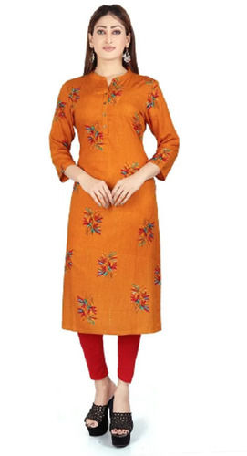 Multicolor 36 Inch Length Long Sleeve Rayon Printed Collar Kurti For Ladies