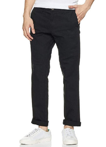 Black Comfortable Plain Dyed Button Closure Double Pocket Cotton Trouser For Men 