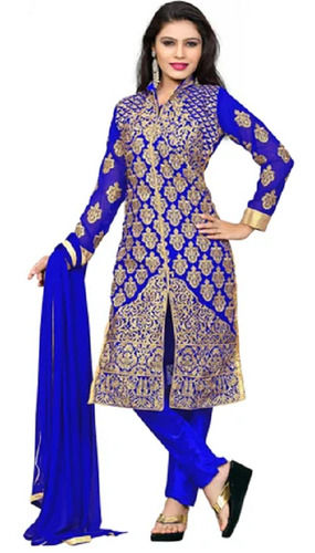 Blue Full Sleeve Chiffon Embroidered Designer Punjabi Suits For Ladies