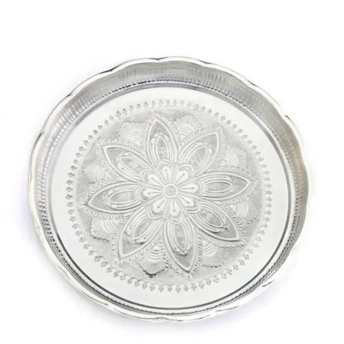 Corrosion Resistant Rust Proof And Washable Designers Round Silver Plated Pooja Thali For Temple