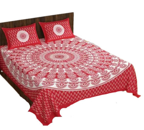 Red Shrink Resistant Printed Cotton Double Bed Sheets With 2 Pillow Covers