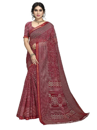 Red And White Traditional Wear Lace Closure Batik Printed Cotton Saree With Blouse 