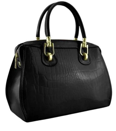 Black 12X10X4 Inches Rectangular Matt Finish Zipper Closure Leather Handbag For Ladies