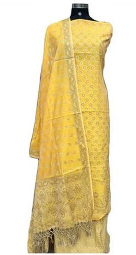 Yellow Breathable And Quick Dryprinted Soft Cotton Silk Unstitched Suit With Dupatta 