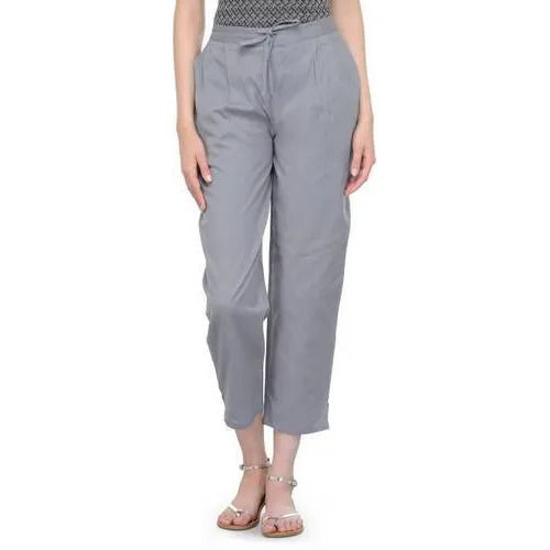 Grey Casual Wear And Washable Plain Dyed Cotton Trousers For Ladies 