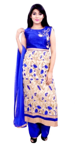 Blue And Cream Casual Wear Sleeveless Printed Silk Stitched Palazzo Suit For Ladies