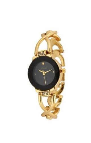 Golden And Black Polished Metal Band Round Glass Quartz Dial Wrist Watch For Ladies