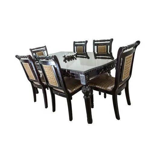 Handmade Rectangular Teak Wooden Six Seater Antique Dining Table Set