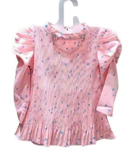 Pink Skin-Friendly Party Wear Printed Soft Crepe Long Sleeve Top For Girl 