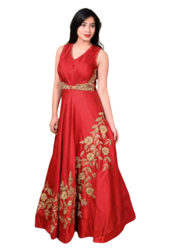 Paper Silk Fancy Work Red Sleeve Less Kid Girl Gown WJ101331