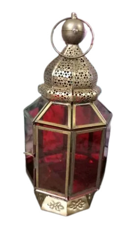 Brass And Glass Body Hexagonal Hanging Moroccan Lantern Light Source: Fluorescent