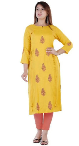 3-4Th Sleeves Round Neck Printed Cotton Kurti For Women Bust Size: 36 Inch (In)