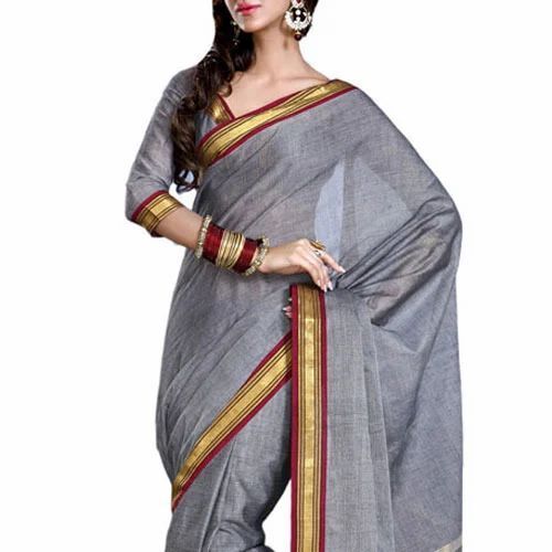 Cotton Border Saree With Unstitched Blouse For Casual Wear