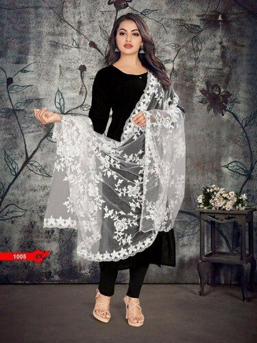 Ladies White Embroidered Net Designer Dupatta, 2 Meter Length