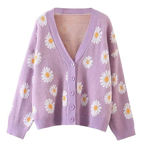 V Neck Full Sleeves Ultra Soft Floral Printed Woolen Cardigans For Ladies