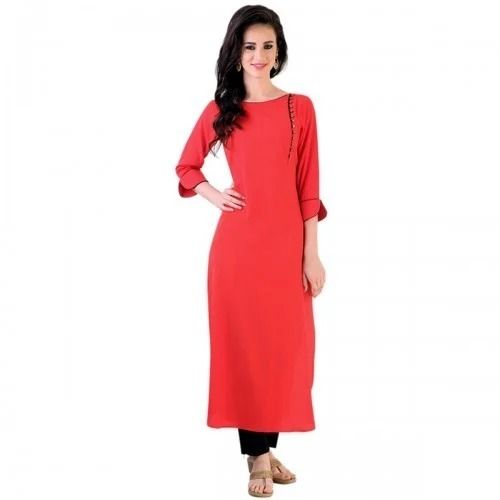 3-4Th Sleeves Casual Wear Round Neck Plain Cotton Kurti For Women  Bust Size: 36 Inch (In)