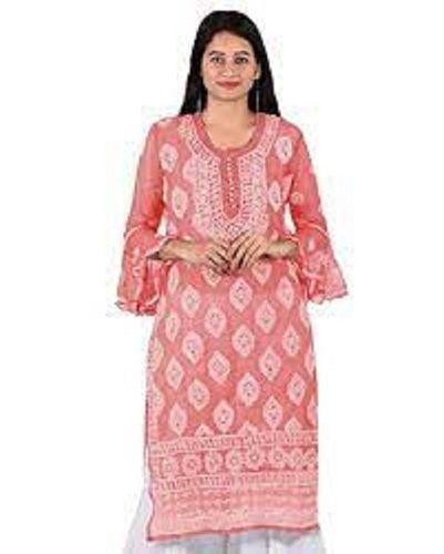 Casual Wear Regular Fit 3/4th Sleeve Round Neck Ladies Faux Chiffon Chikan Kurtis