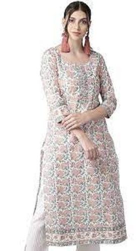 Casual Wear Regular Fit 3/4th Sleeve Round Neck Readymade Printed Ladies Kurtis