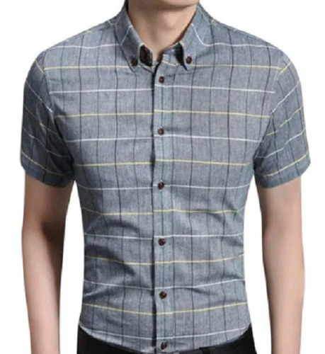 पुरुषों के लिए बटन डाउन कॉलर और हाफ स्लीव कॉटन चेक्ड शर्ट चेस्ट साइज़: 42 इंच