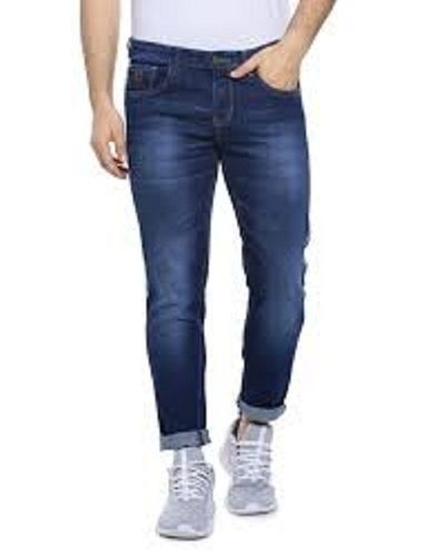 Dark Blue Casual Wear Slim Fit Ankle Length Plain Dyed Cotton Jeans For Mens