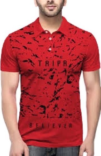 Red With Black Mens Multicolour Printed Short Sleeve Casual Cotton Polo T Shirt