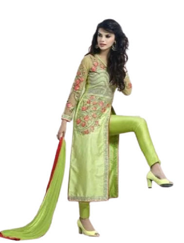 Green Washable And Breathable Comfortable Unstiched Silk Suit Set