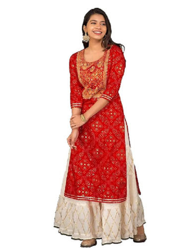 Red 30Cm Chiffon Simple Churidar Main Label Jaipuri Kurtis For Women