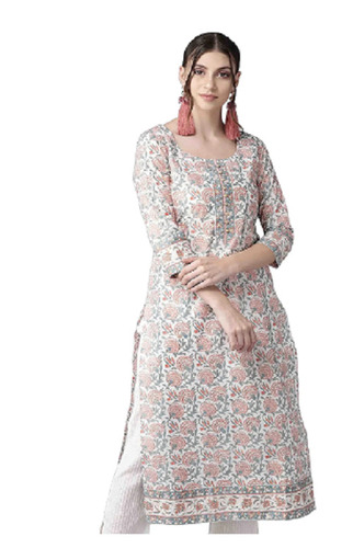 महिलाओं के लिए सफेद 32Cm हवा पार होने योग्य और आरामदायक प्रिंटेड फॉर्मल कॉटन कुर्ती