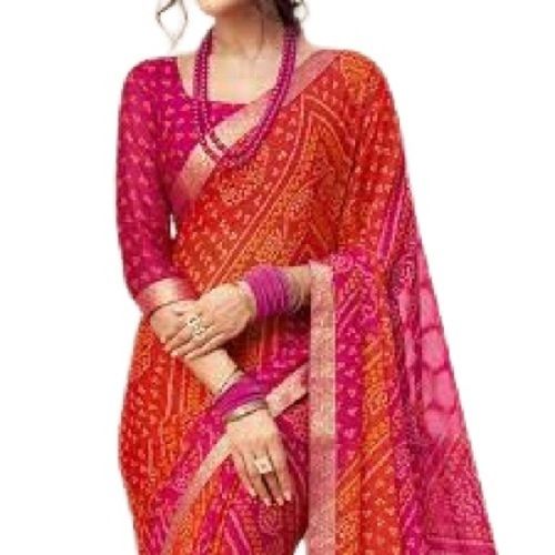 Casual Bandhani Printed Chiffon Saree With Tassels And Unstitched Blouse Piece