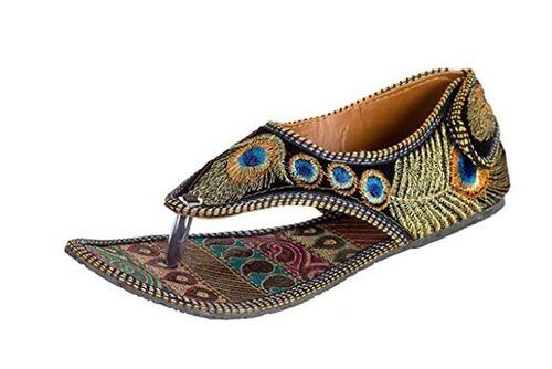 Multicolor Casual Wear Peacock Design Flat Embroidered Sandals For Ladies 