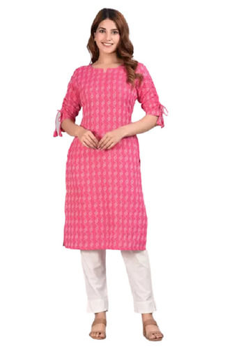 Casual Wear Three Four Sleeves Printed Cotton Kurtis For Ladies 