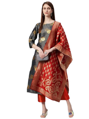 Grey And Golden Light Weight Casual Wear Three Four Sleeves Printed Silk Suits For Ladies 