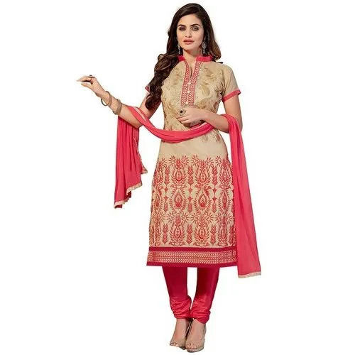 Red And Cream Party Wear Shorts Sleeves Cotton Embroidered Suits For Ladies