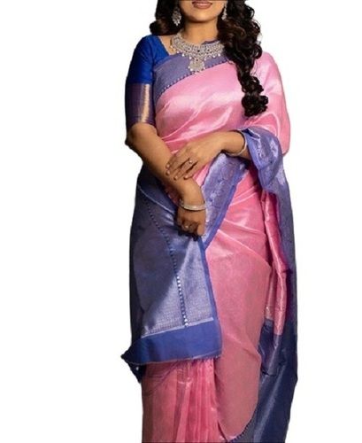 Pink With Blue Printed Patten Unique Design Silk And Cotton Blend Saree For Ladies 