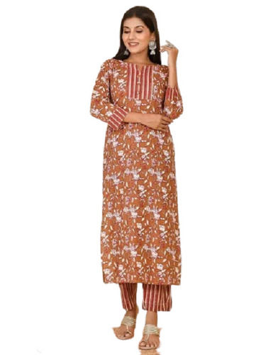 Brown Casual Wear Three Four Sleeves Printed Cotton Suit Salwar For Ladies 