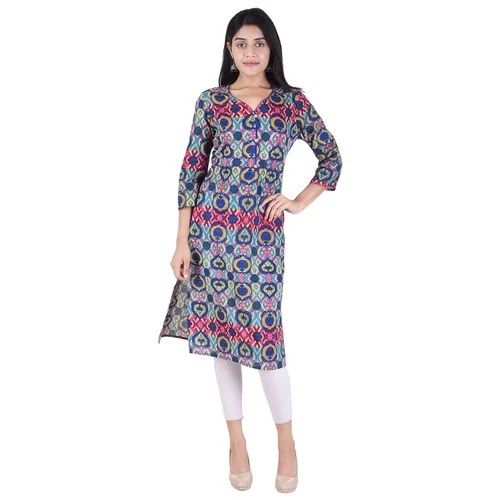 Multi Color Multicolor 3/4Th Sleeves And Knee Length Designer Printed V Neck Cotton Kurti For Ladies