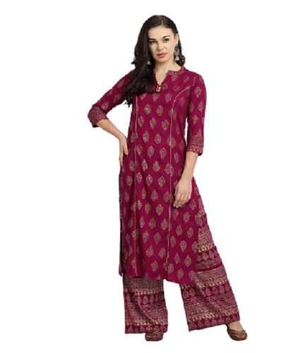 Maroon 30Cm Main Label Casual Breathable And Comfortable Rayon Printed Kurtis 