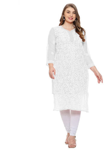 White 30Cm Main Lable 12 Inch Breathable And Comfortable Chikankari Kurtis 