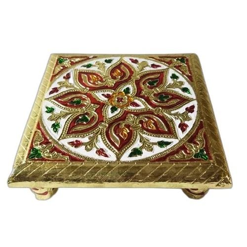 Multicolor 8X7X3 Inches Water Resistance Designer Painted Solid Wood Pooja Chowki 