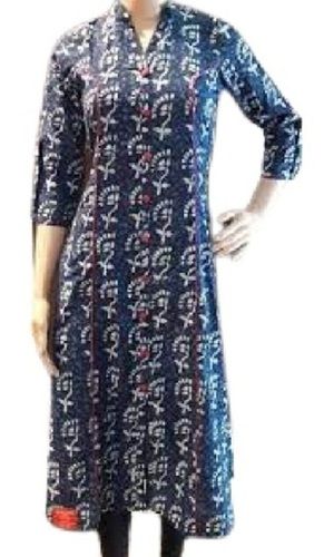 Navy Blue Three-Fourth Sleeves And Collar Neck Printed Cotton Kurti